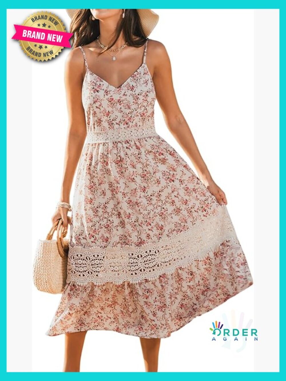 V Neck Floral Lace Sleeveless A Line Midi Sundress Adjustable Straps Summer